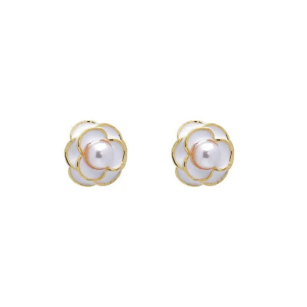 White Enamel Pearl Flower Stud Earrings