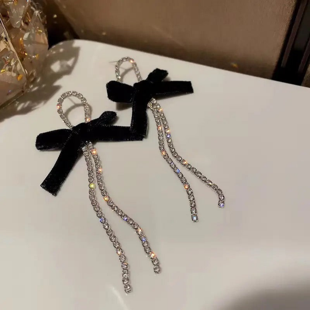 Black Bow Long Stone Tassel Earrings