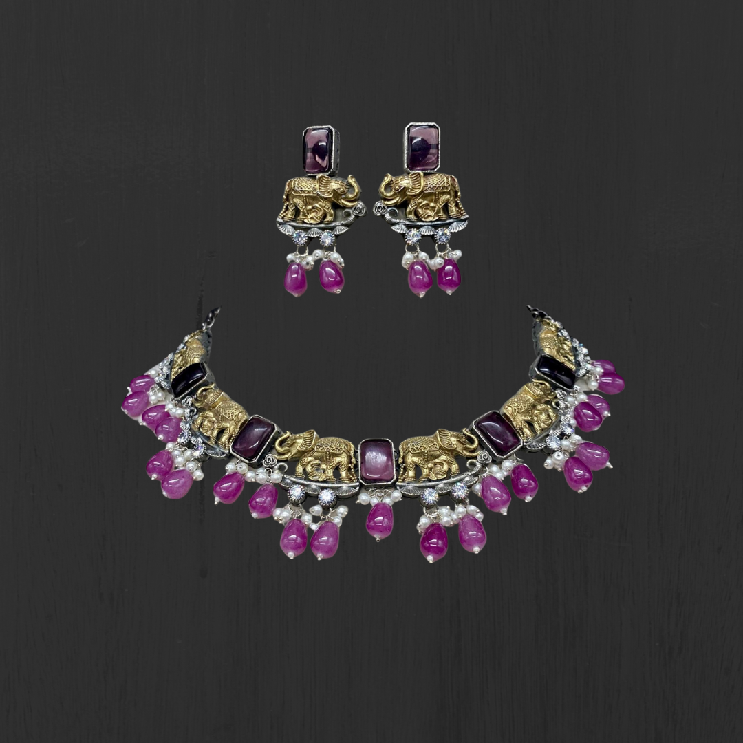 Regal Elephant Motif Necklace Set with Earrings