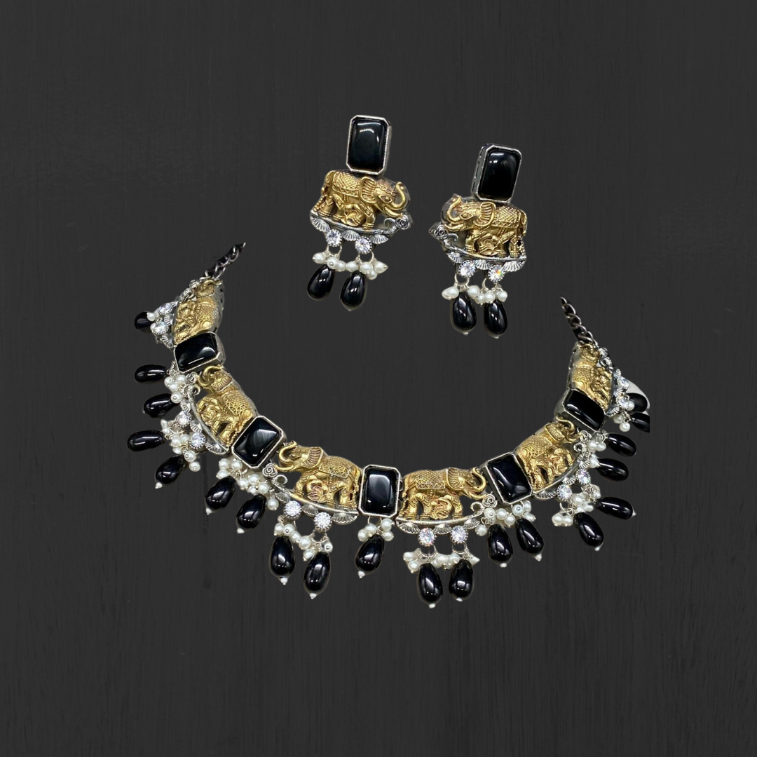 Regal Elephant Motif Necklace Set with Earrings