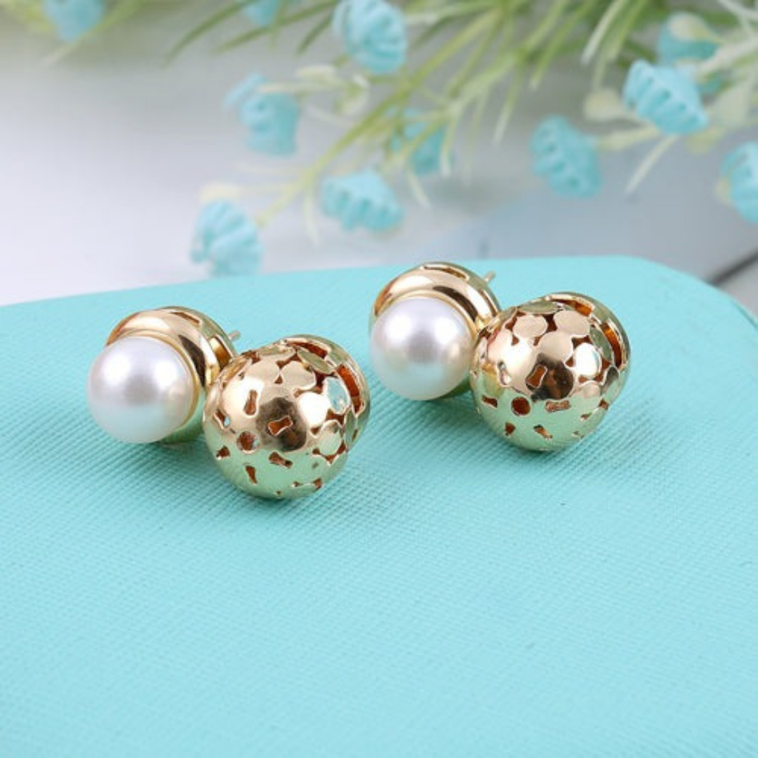 Golden Round Pearl Earrings