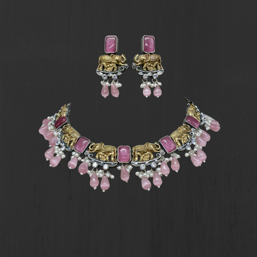 Regal Elephant Motif Necklace Set with Earrings