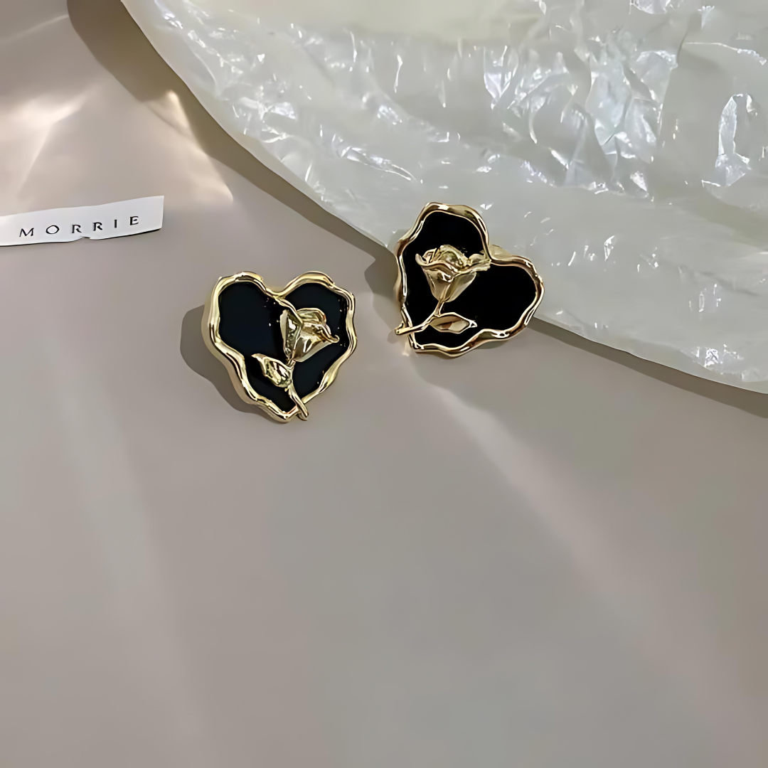 Black Big Heart Rose Stud Earrings