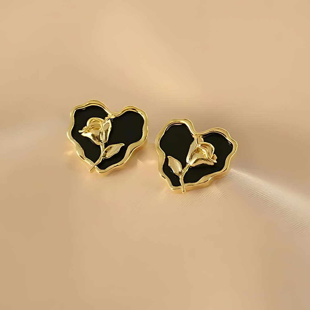 Black Big Heart Rose Stud Earrings