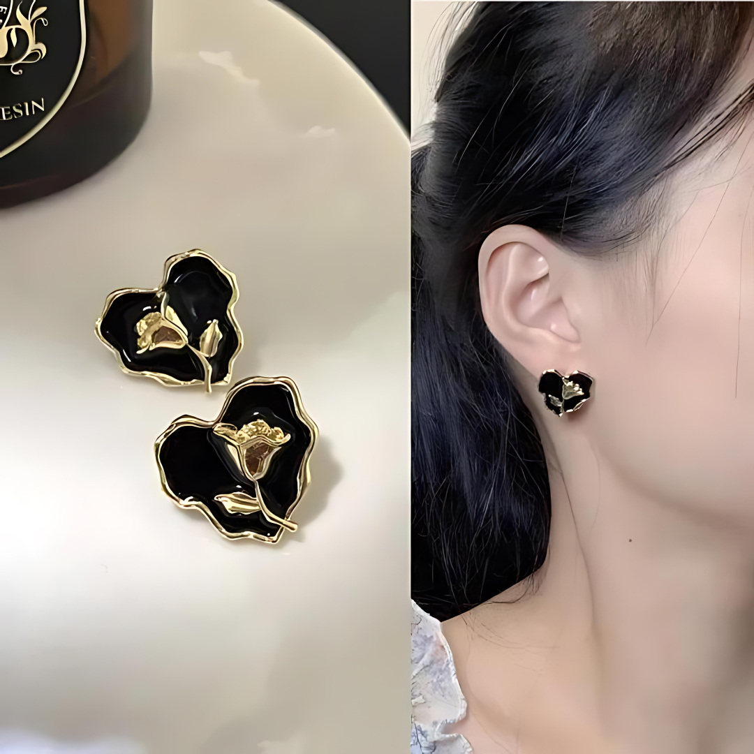 Black Big Heart Rose Stud Earrings