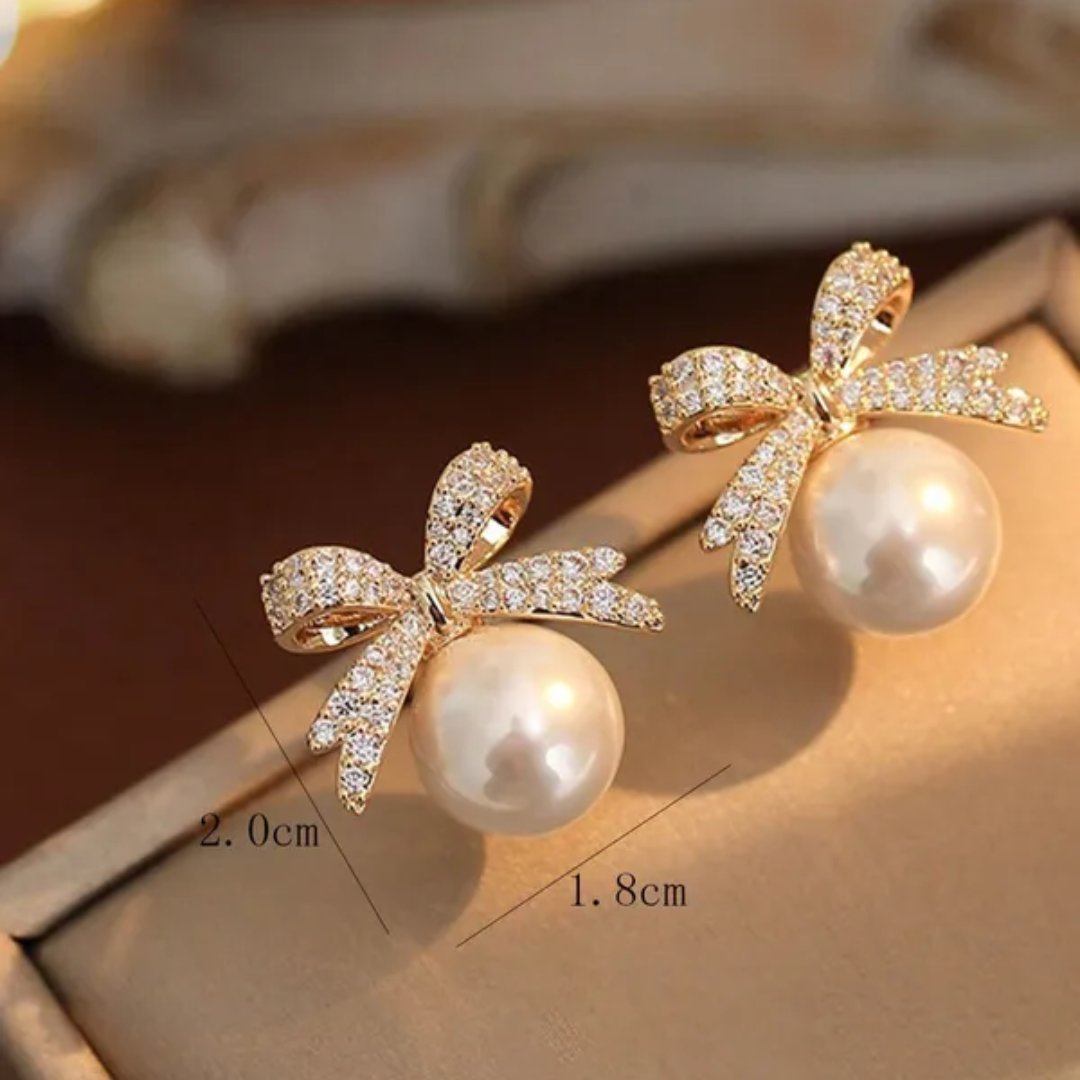 Pearl Stone Bow White Earrings-Graceful and Sophisticated