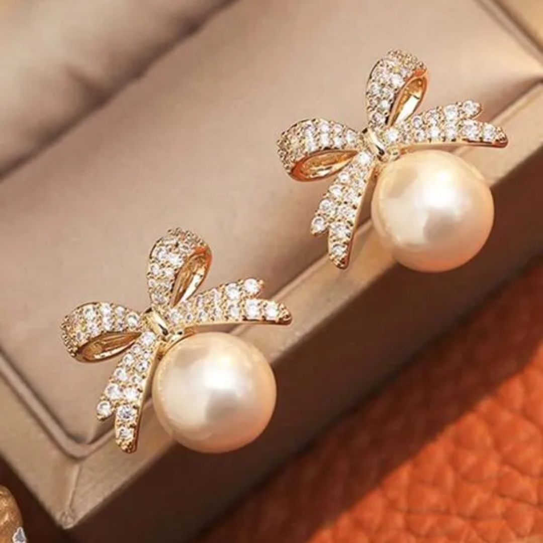 Pearl Stone Bow White Earrings-Graceful and Sophisticated