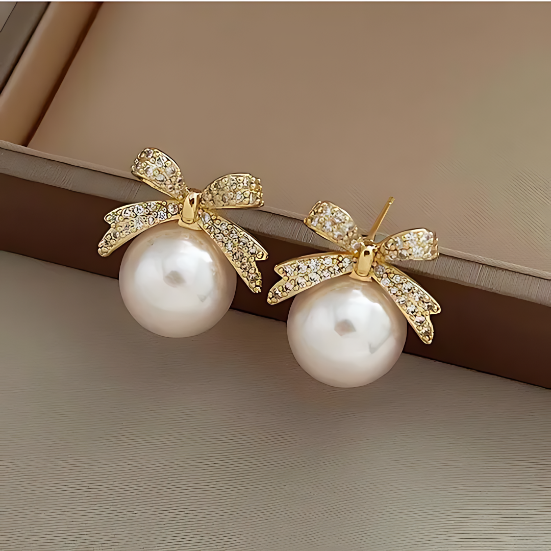 Pearl Stone Bow White Earrings-Graceful and Sophisticated