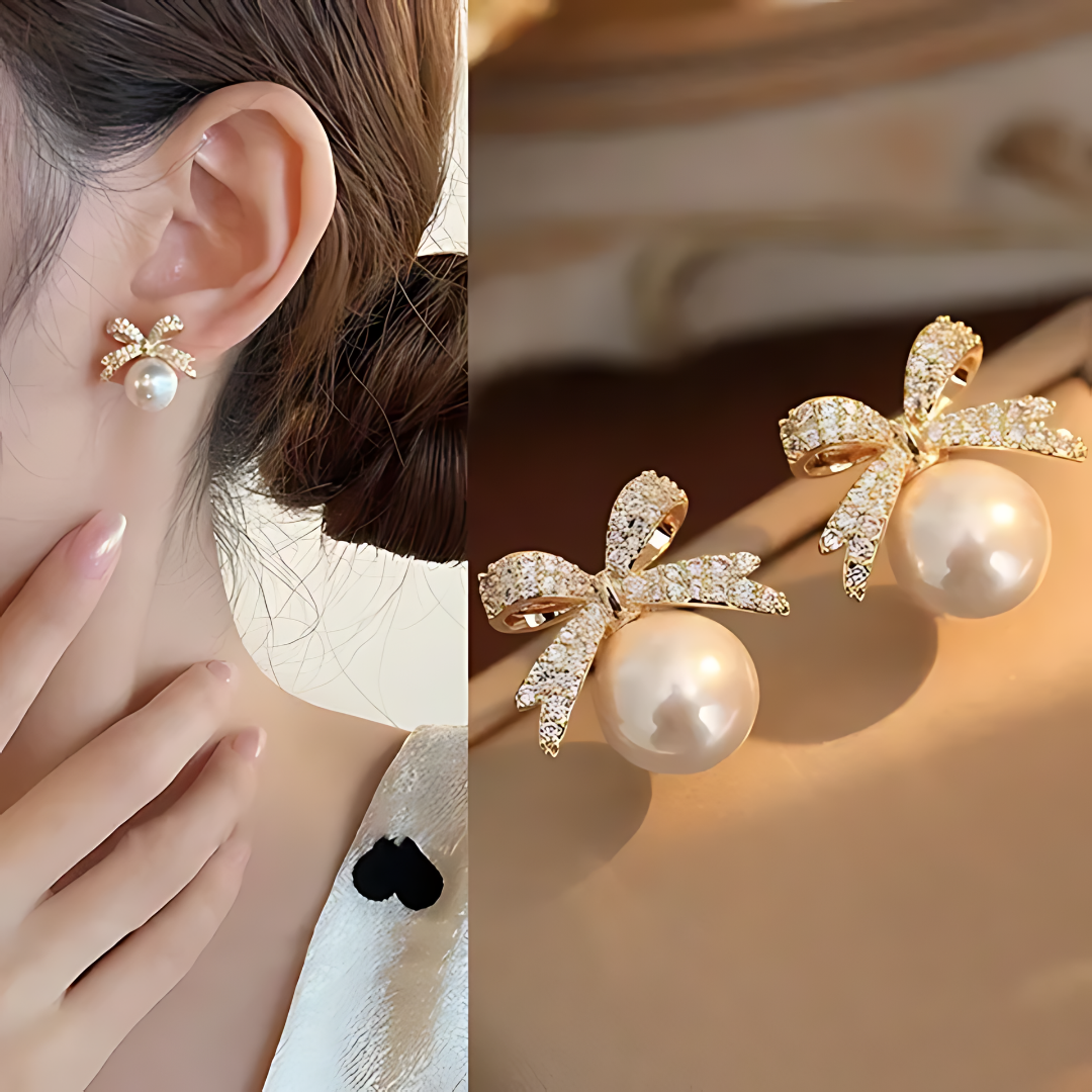 Pearl Stone Bow White Earrings-Graceful and Sophisticated