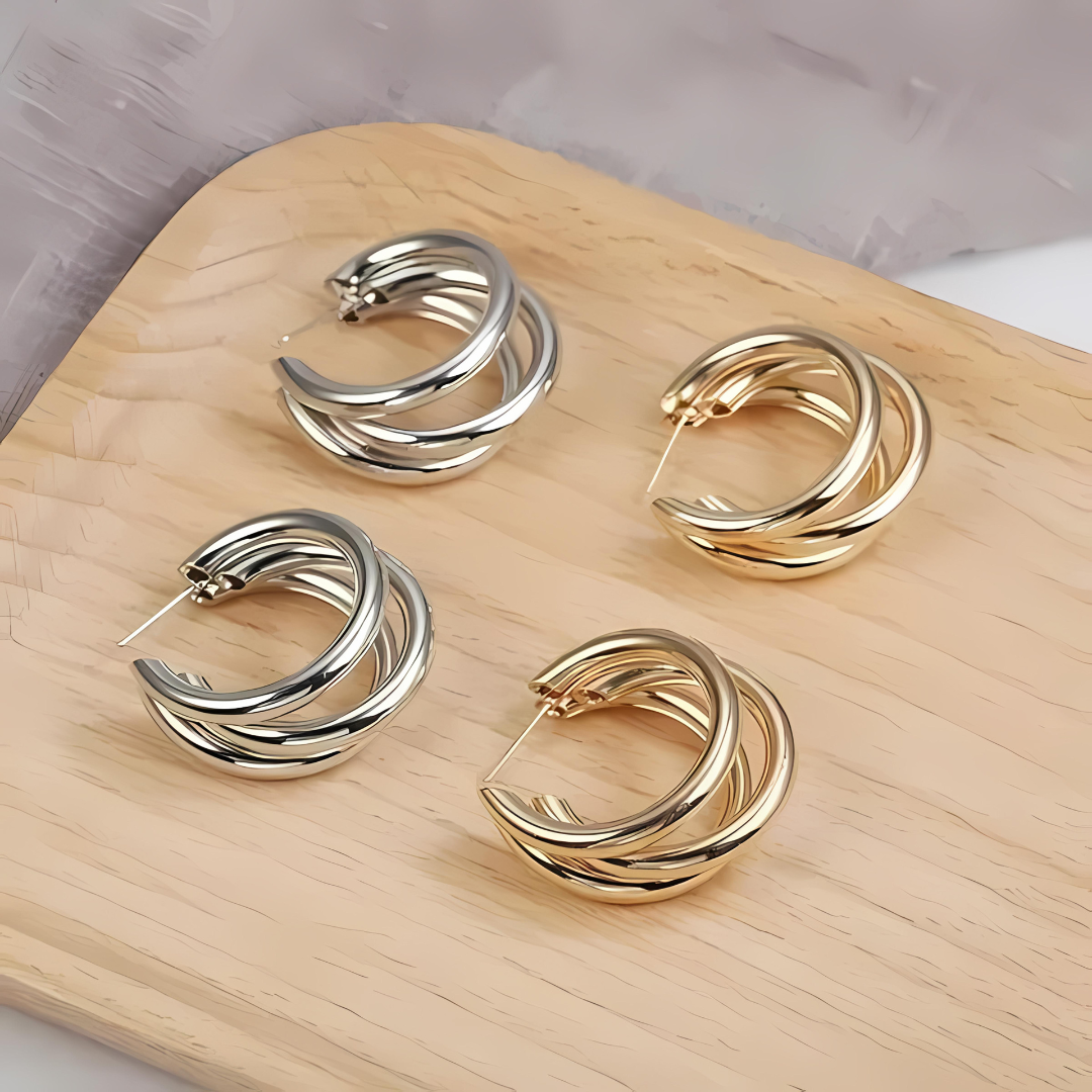 Chunky Triple Hoop Earrings – Gold & Silver Plated