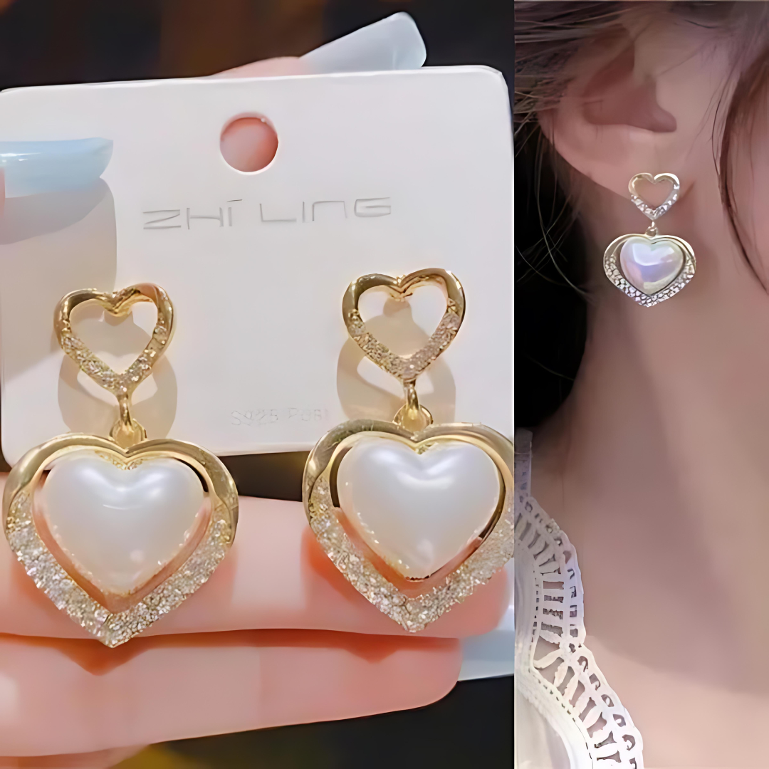 Gold plated pearl heart stone earrings