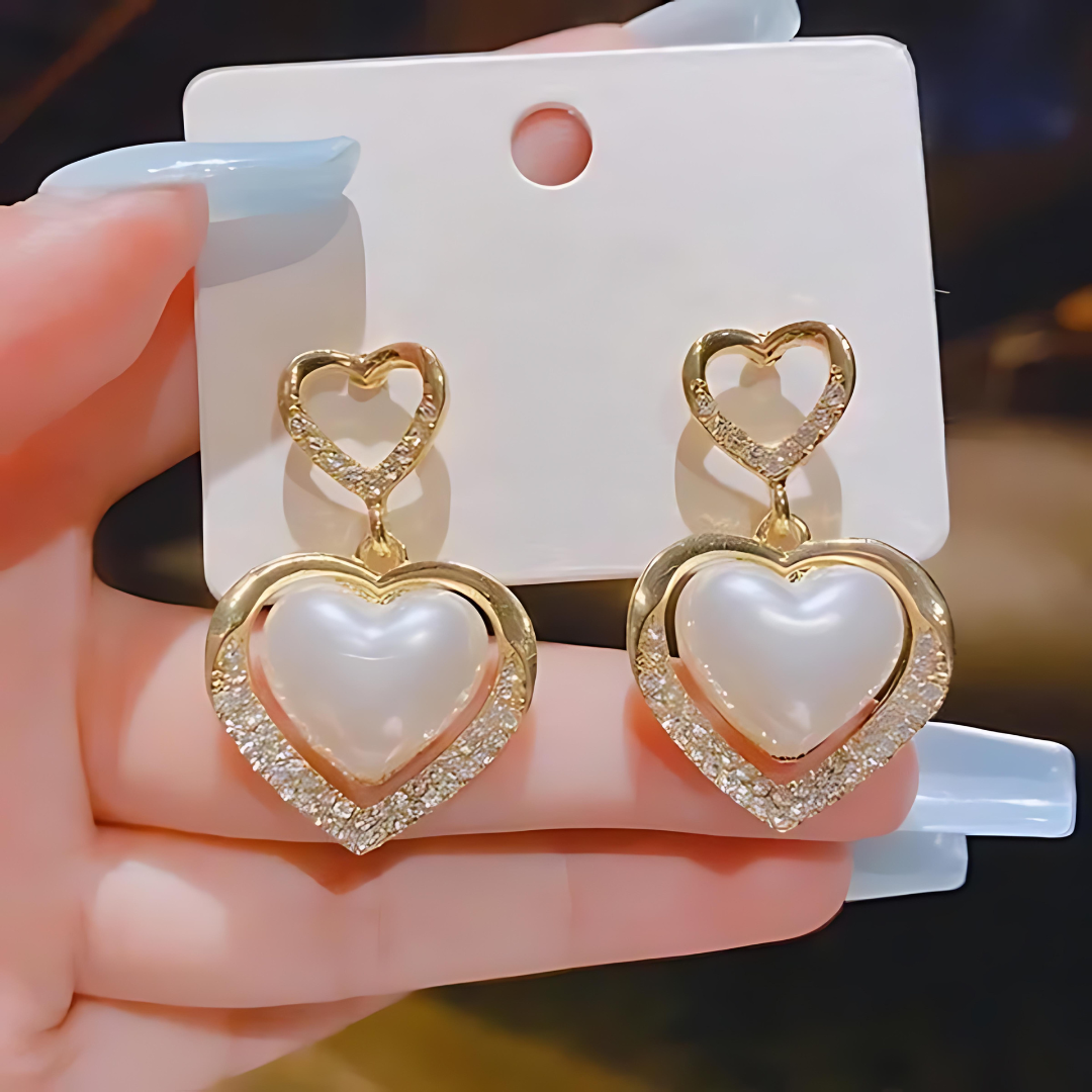 Gold plated pearl heart stone earrings