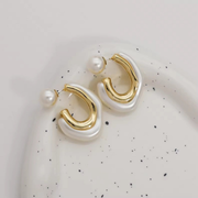 Modern Gold and Pearl Hoop Earrings