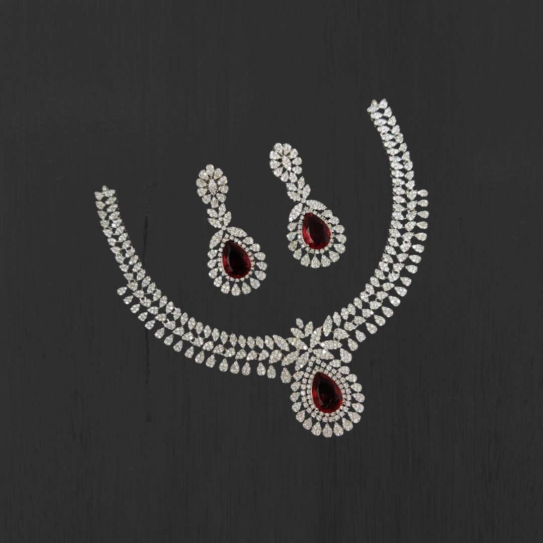 Radiant Red and Diamond Necklace Set with Earrings