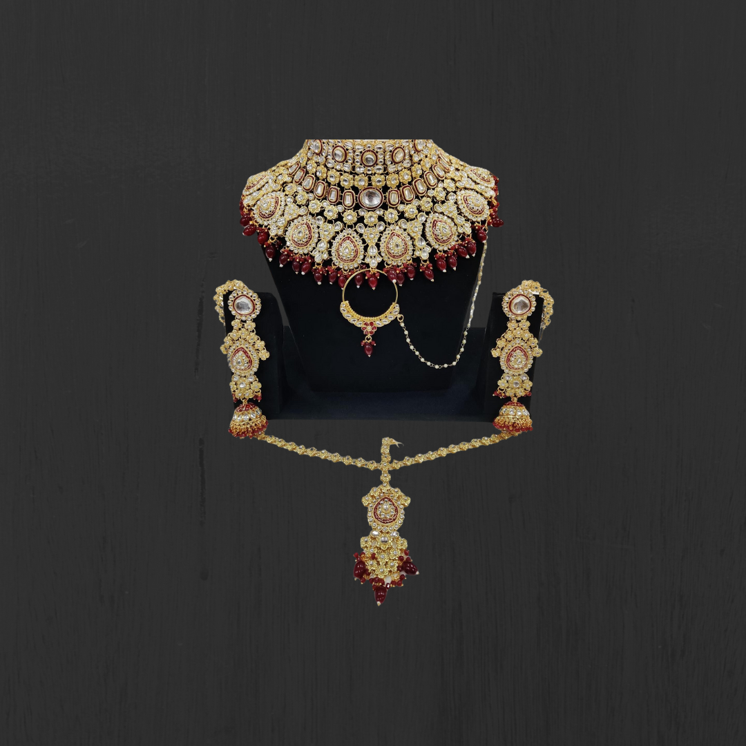 Bridal Gold Kundan Choker Necklace Set with Earrings & Maang Tikka