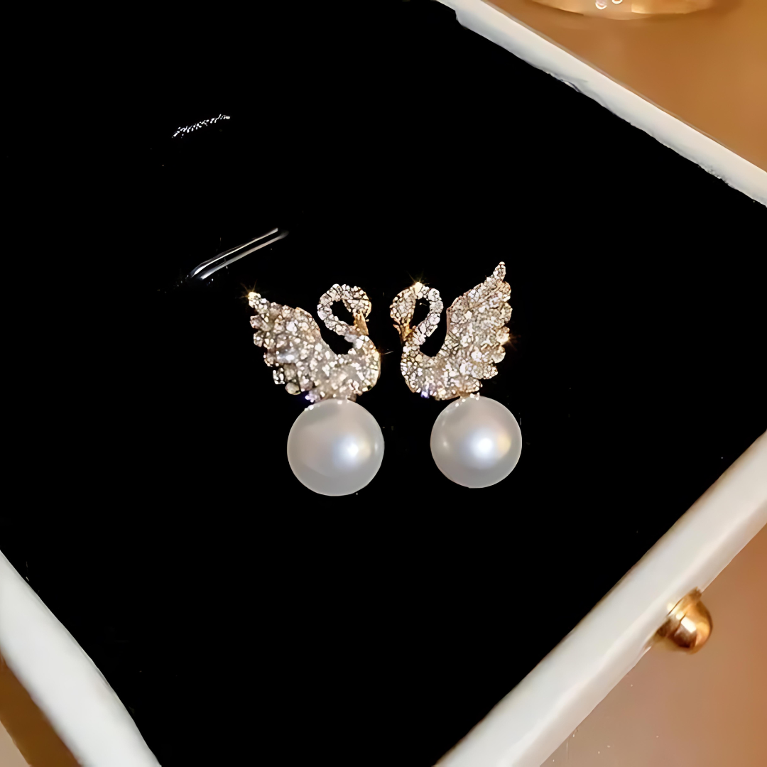 Elegant Swan Pearl Stud Earrings – Gold & Crystal Accents