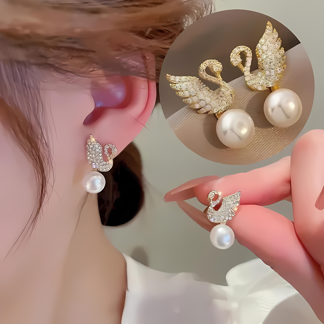 Elegant Swan Pearl Stud Earrings – Gold & Crystal Accents