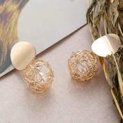 Modern Wire Sphere Pearl Drop Earrings