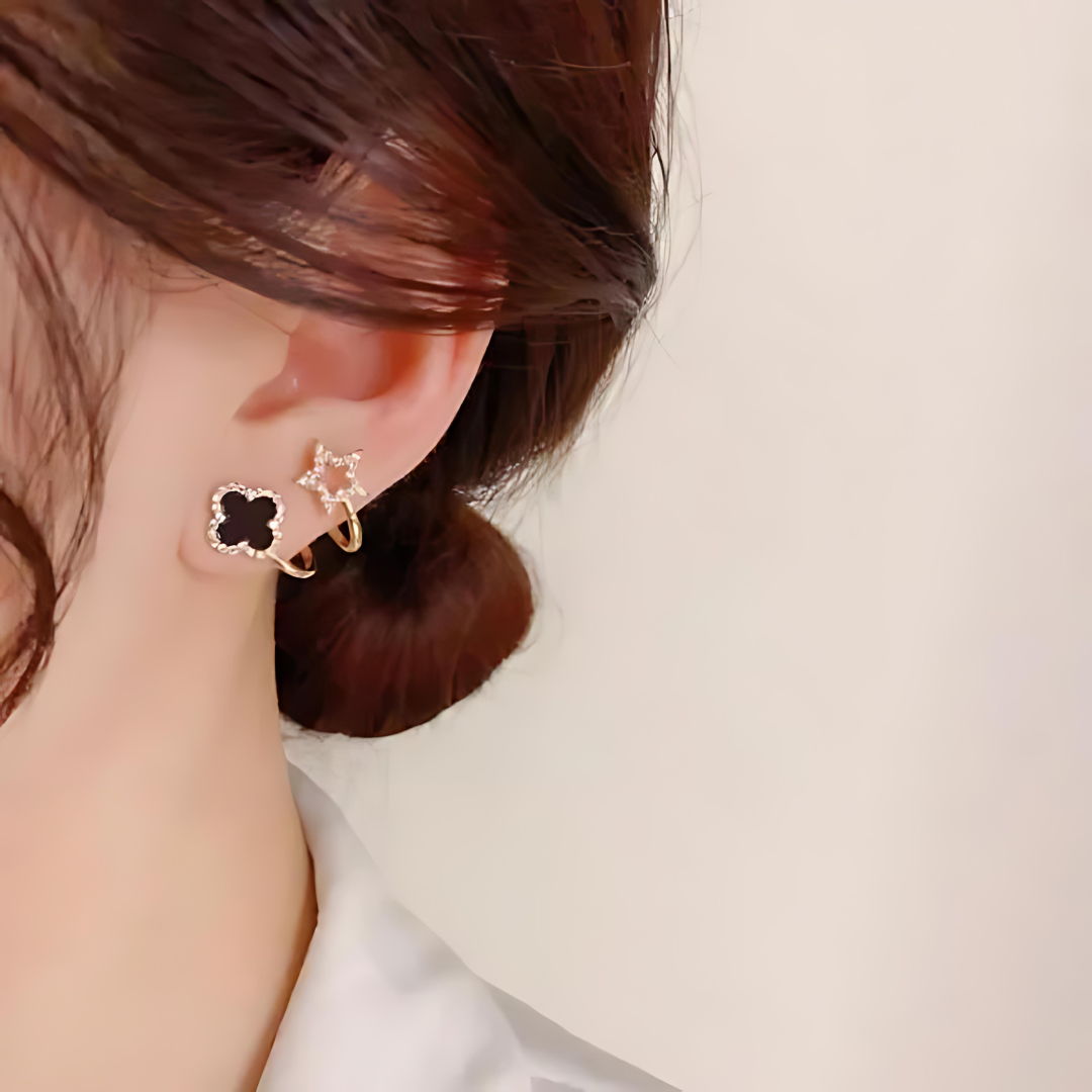 Elegant Star & Clover Ear Cuff Earrings – Gold Plated