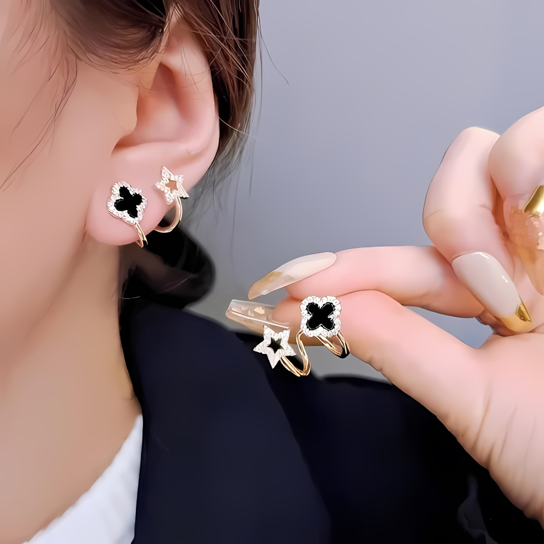 Elegant Star & Clover Ear Cuff Earrings – Gold Plated