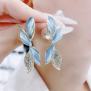 Elegant Blue Leaf Drop Earrings with Crystal Accents