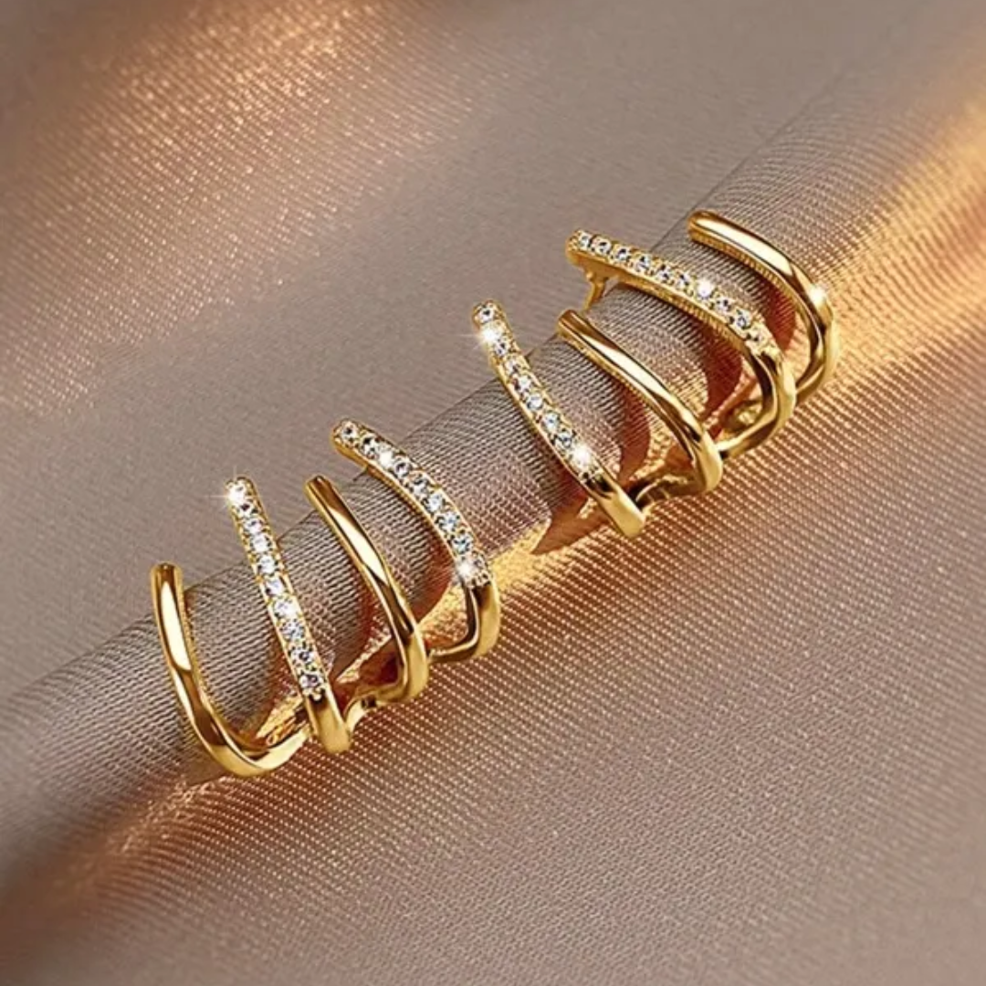 Gold Triple Hoop Crystal Ear Cuff Earrings