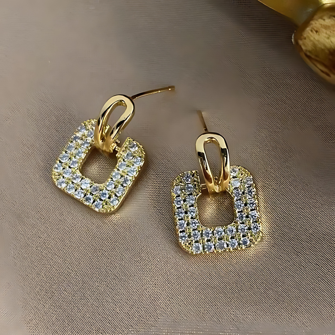 Gold Square Crystal Drop Earrings