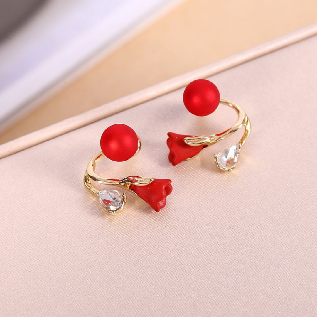 Shining diamond red rose lovely stud earrings