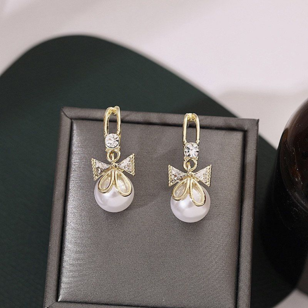 Cute Hanging Bells Bow Stud Pearl Earrings – Elegant & Trendy