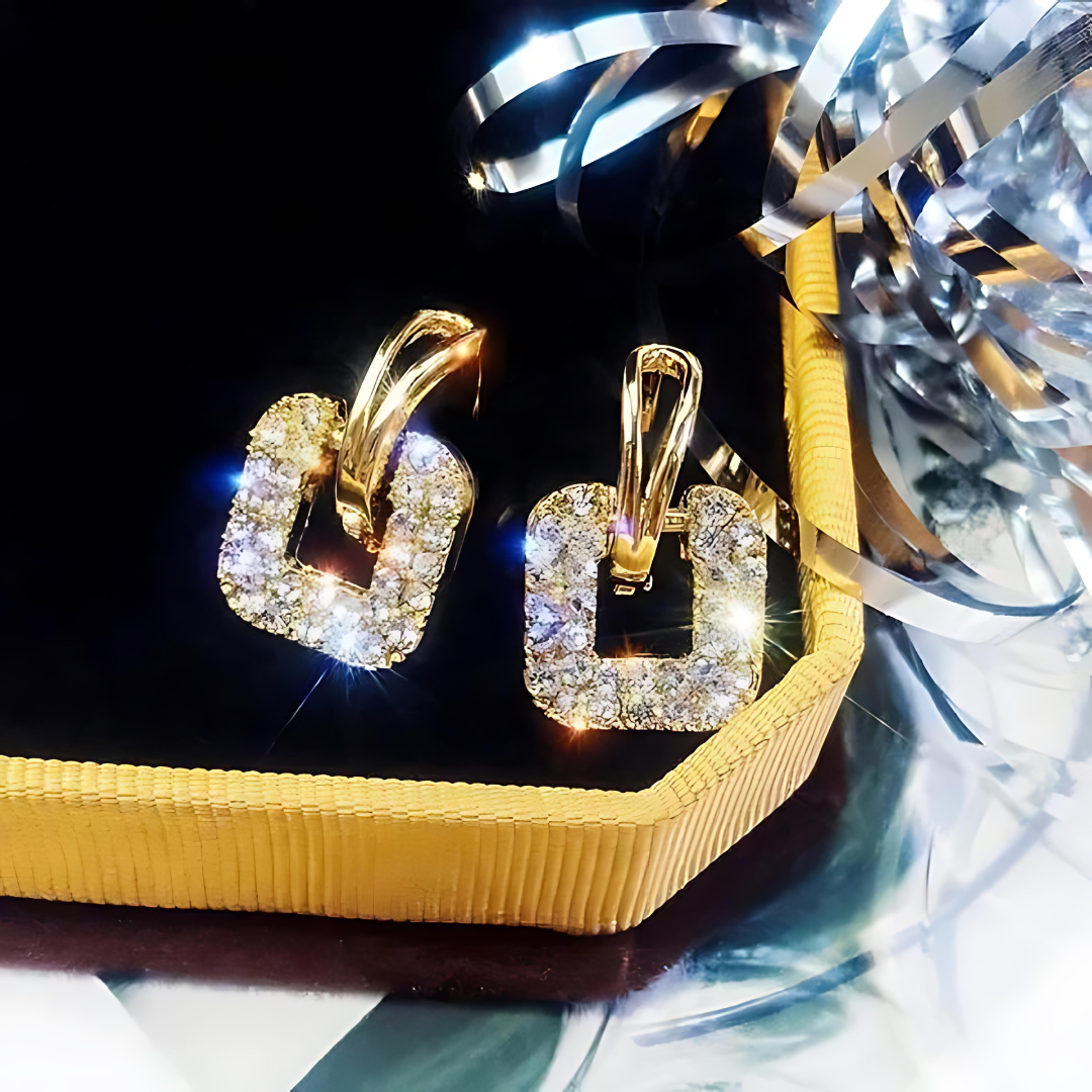 Gold Square Crystal Drop Earrings