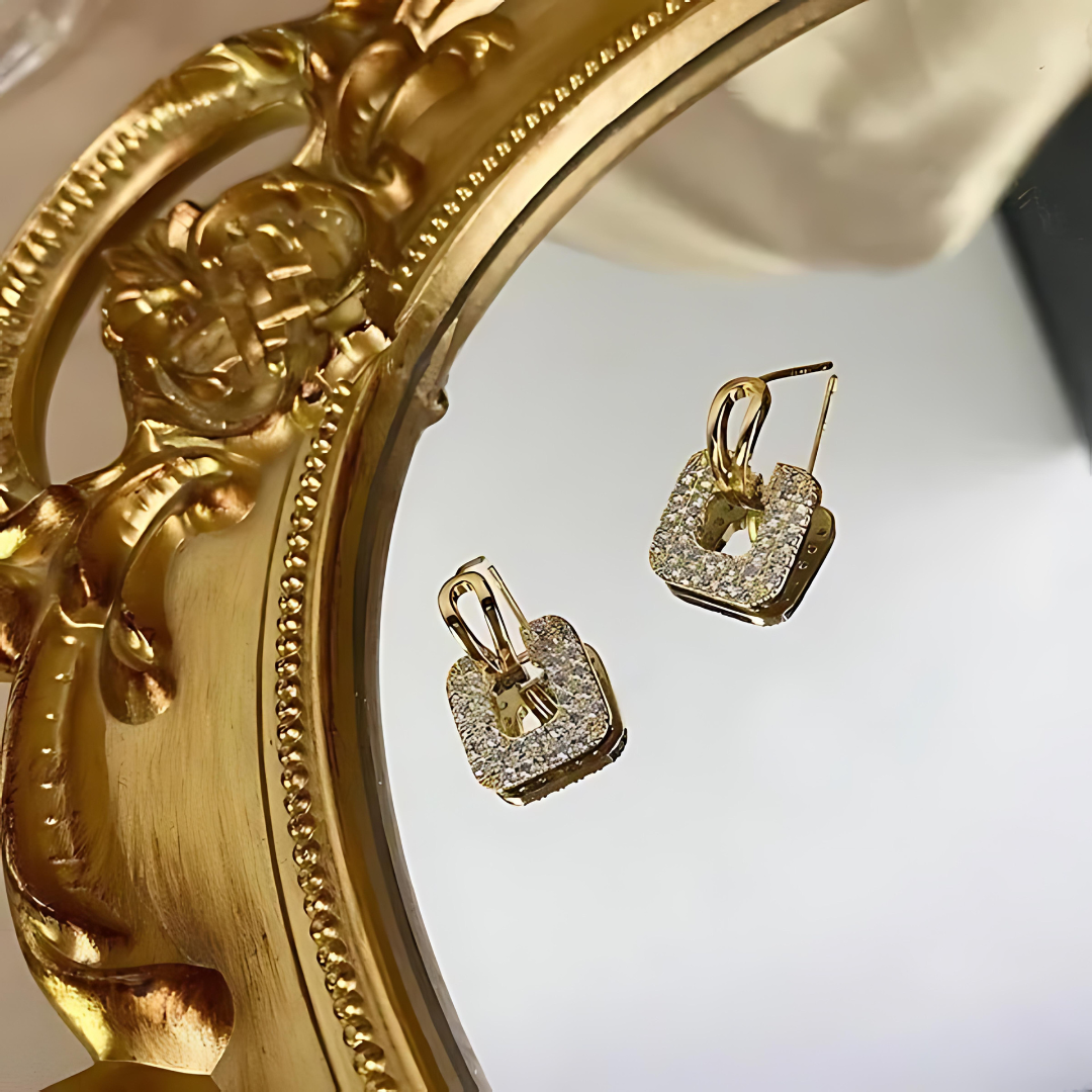 Gold Square Crystal Drop Earrings