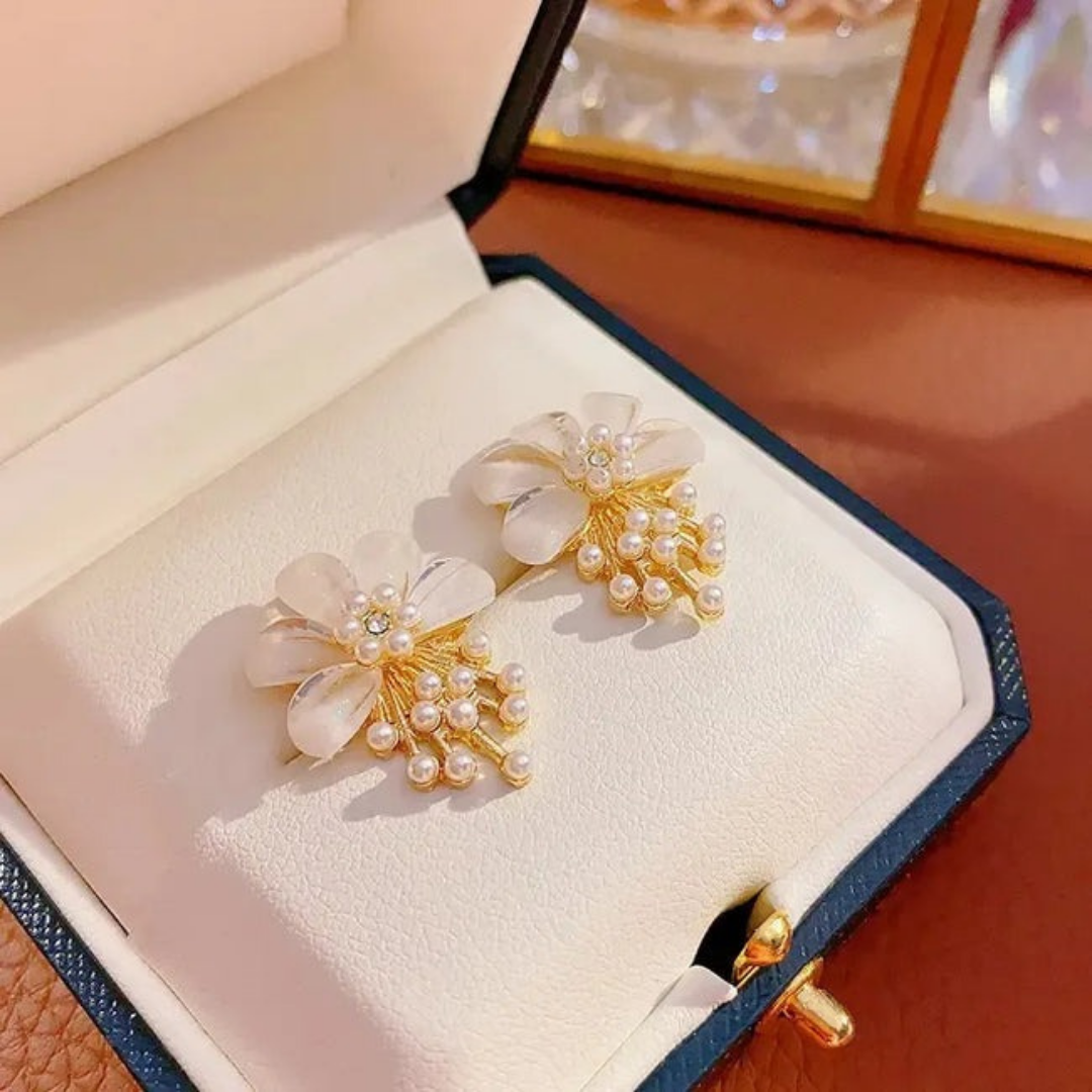 Gold-Plated White Flower Stud Earrings