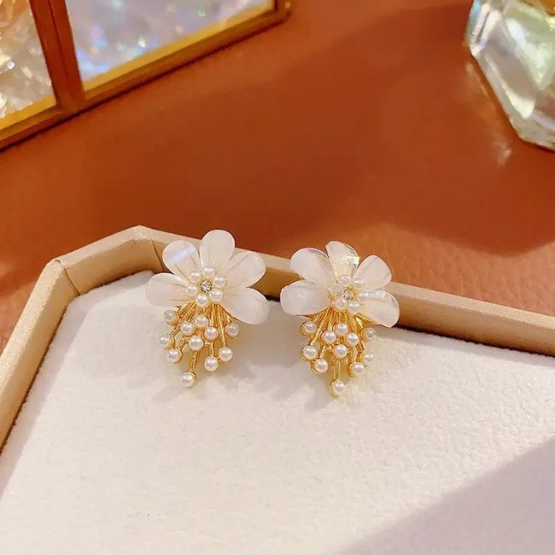 Gold-Plated White Flower Stud Earrings